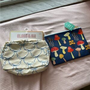 Set of 2 Bows and Mushroom Print Pouches  - Blue and Cream